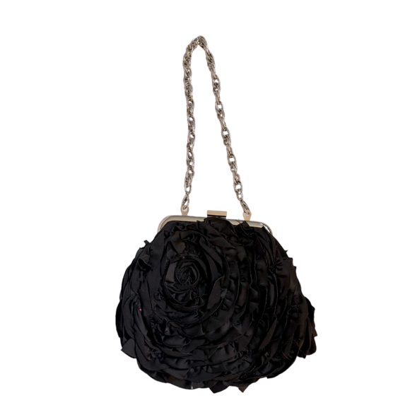 White House Black Market satin rosette clutch purse, black with silver hardware - Picture 2 of 9